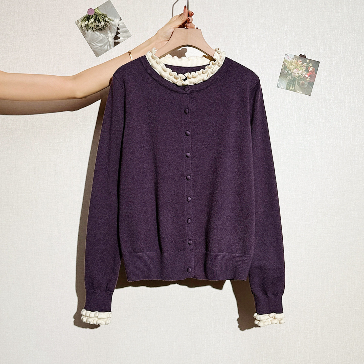 新款法式木耳边针织开衫女简约休闲紫色纽扣宽松高级感毛衣上衣,女装/女士精品,毛针织衫,淘宝优惠券,粉丝福利购,淘宝优惠卷