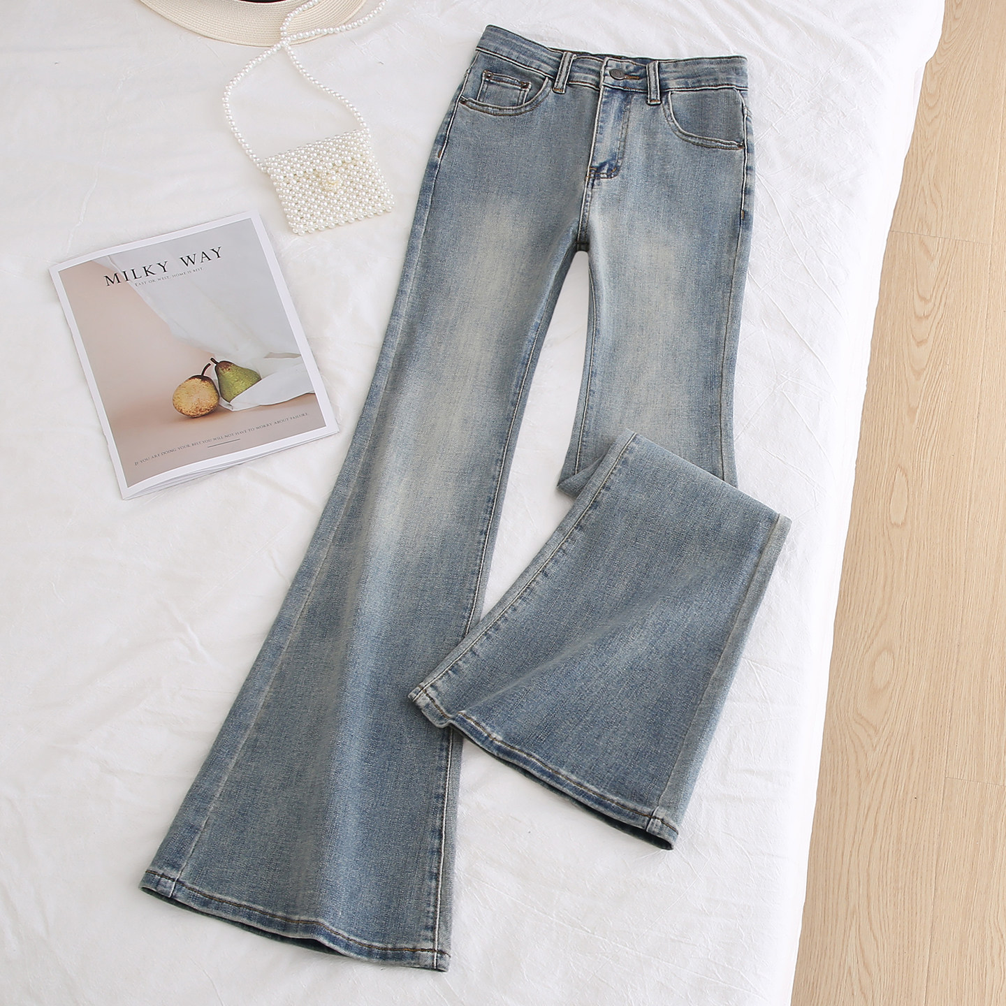 it :CHOCOOLATE复古做旧微喇牛仔裤女高腰修身显瘦紧身弹力喇叭裤