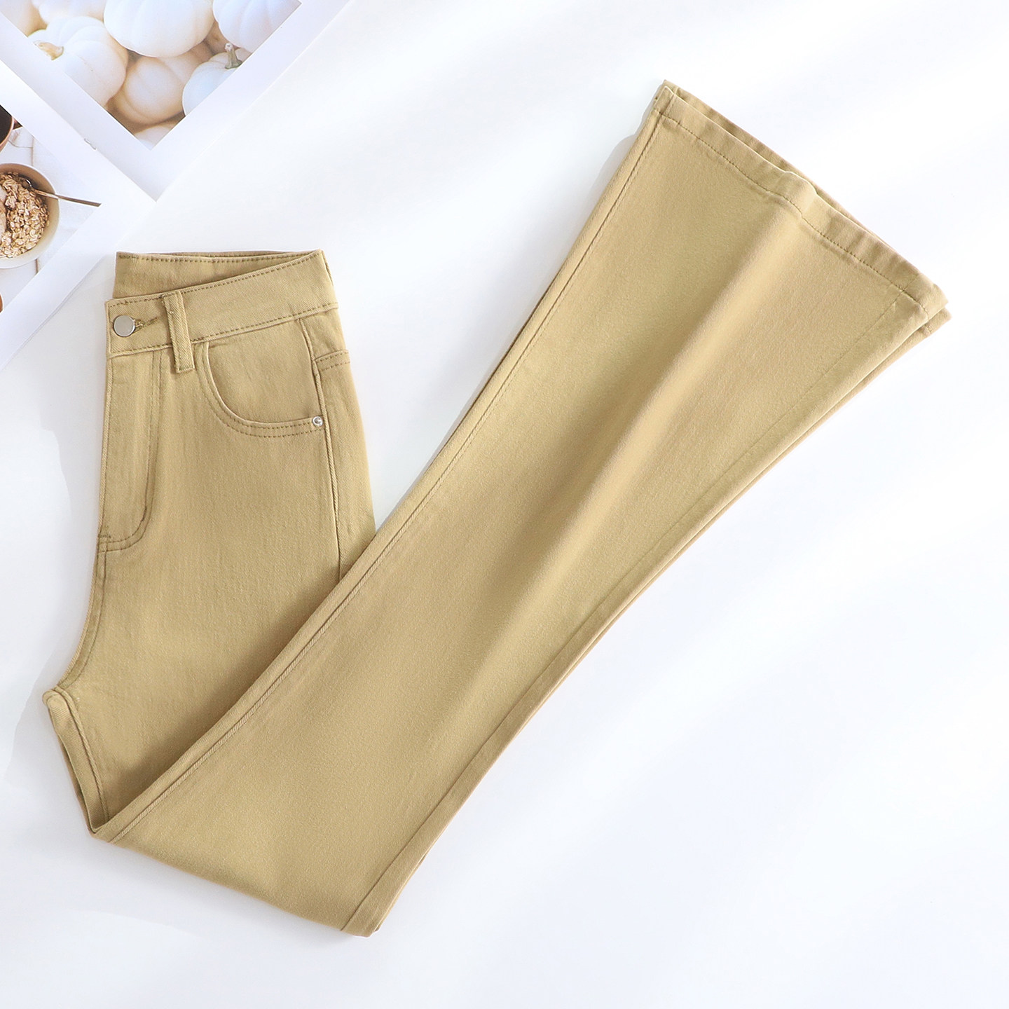 it :CHOCOOLATE卡其色紧身牛仔裤女高腰修身显瘦弹力小个子喇叭裤