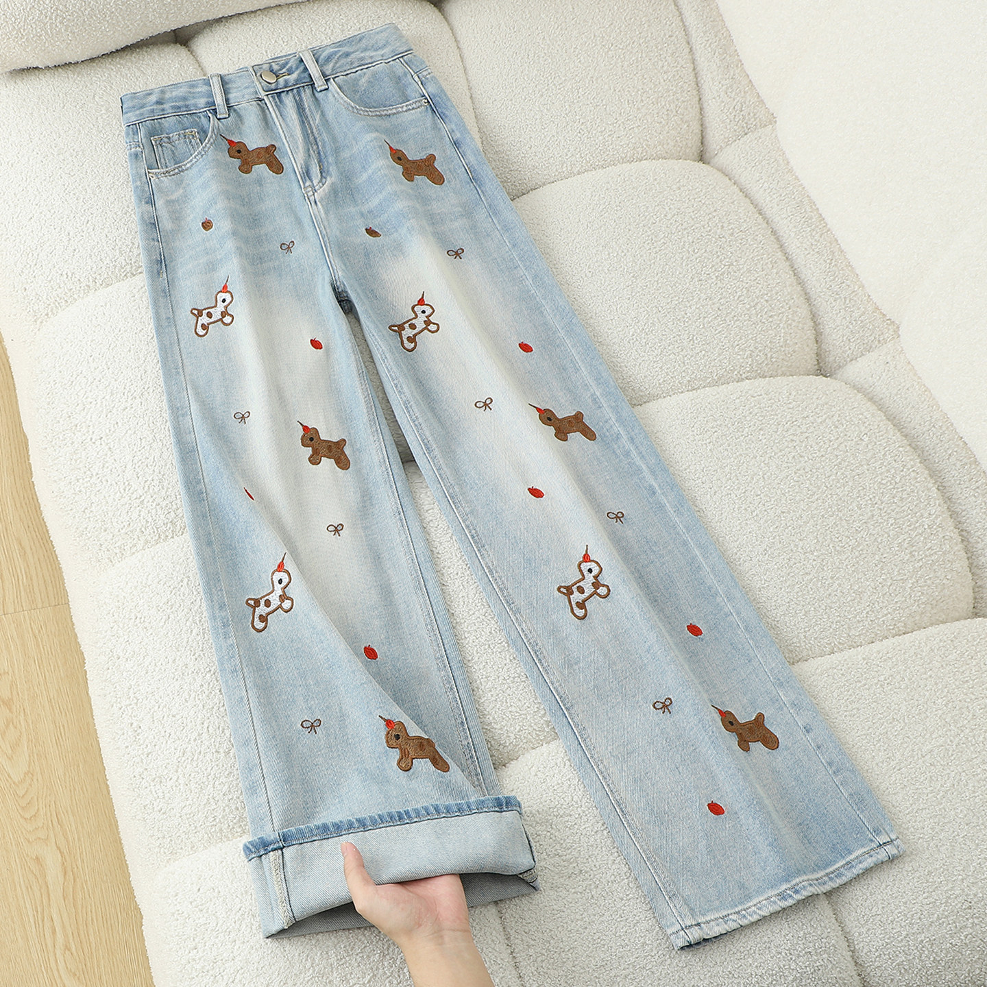 复古卡通小狗刺绣牛仔裤女高腰宽松显瘦做旧阔腿裤春季新款直筒裤,女装/女士精品,牛仔裤,淘宝优惠券,粉丝福利购,淘宝优惠卷