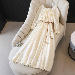 CHOCOOLATE一字肩连衣裙女波西米亚度假长裙系带收腰A字裙子