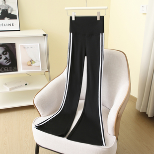 弹力鲨鱼打底裤 修身 女外穿收腹瑜伽裤 高腰提臀黑色条纹拼色微喇裤
