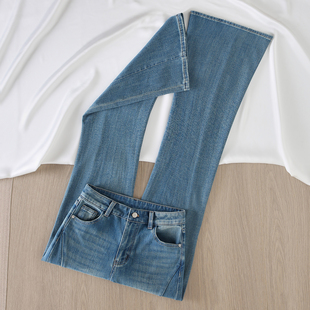 it :CHOCOOLATE「四面弹」蓝色微喇牛仔裤女高腰修身显瘦喇叭裤子