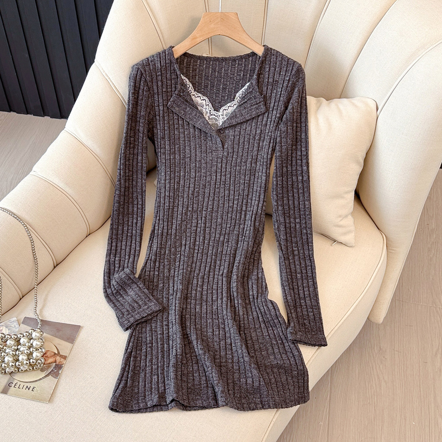 轻熟优雅风灰色V领针织连衣裙女蕾丝拼接修身显瘦休闲风长袖A字裙,女装/女士精品,连衣裙,淘宝优惠券,粉丝福利购,淘宝优惠卷