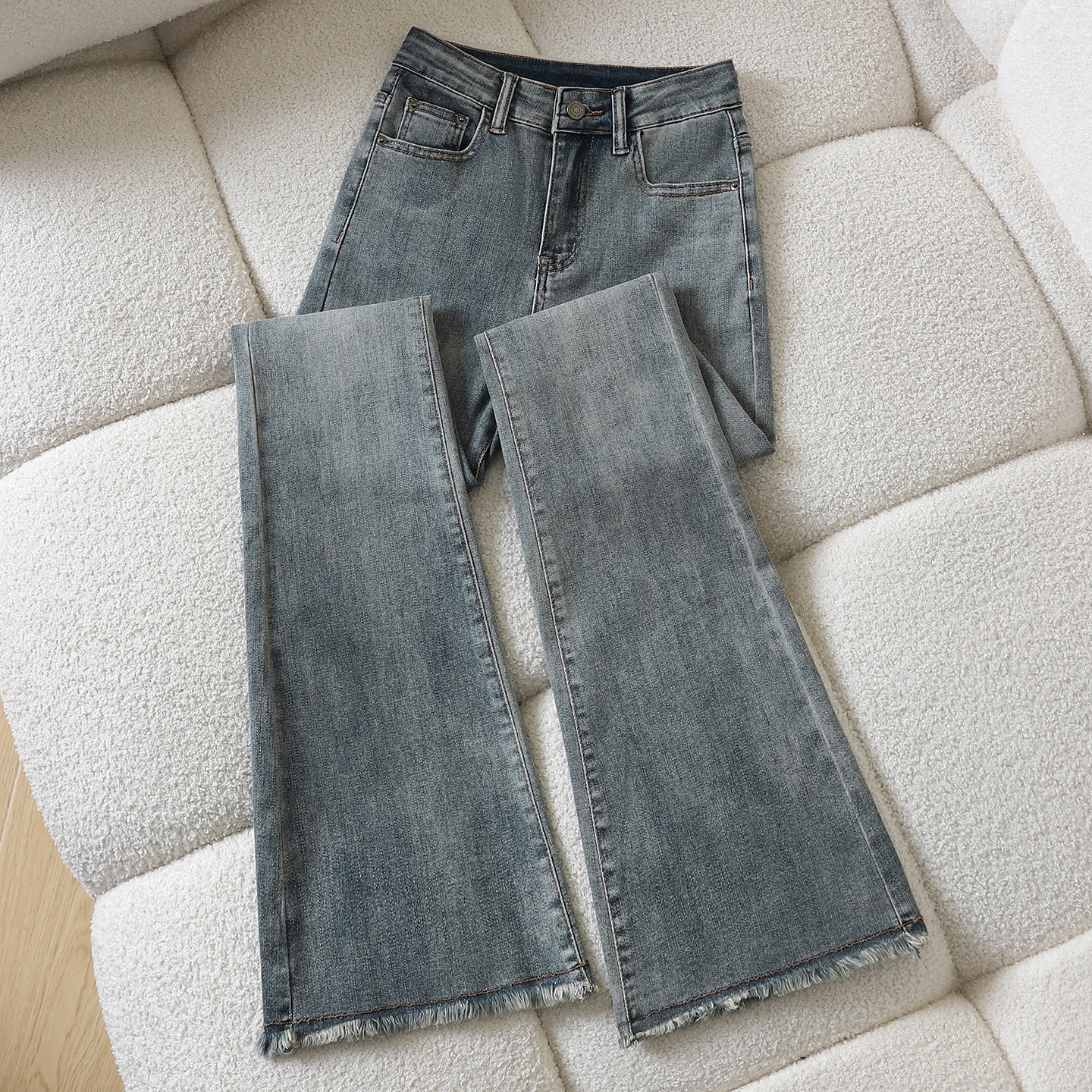 it :CHOCOOLATE毛边微喇牛仔裤女高腰修身紧身显瘦弹力拖地喇叭裤