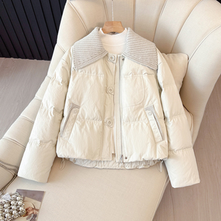 米白色韩系简约针织翻领羽绒服女2025新款加厚保暖短款上衣外套