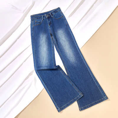 蓝色弹力低腰微喇牛仔裤女2025秋冬新款修身显瘦拖地裤子美式复古