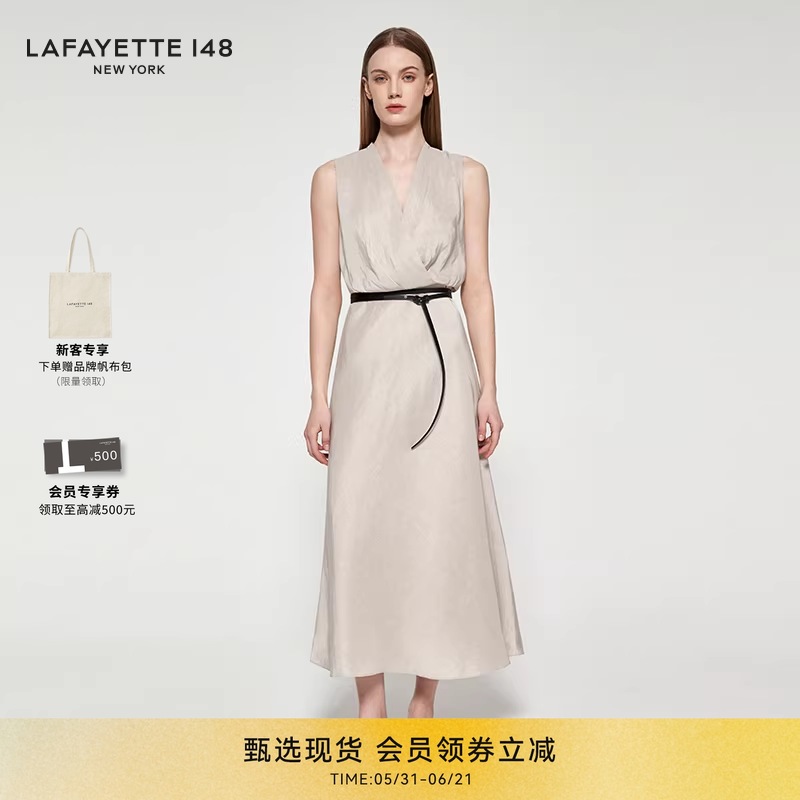 LAFAYETTE148/拉飞逸丝麻高腰A字系腰带舒适连衣裙V领无袖A字裙