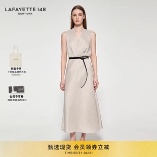 LAFAYETTE148/拉飞逸丝麻高腰A字系腰带舒适连衣裙V领无袖A字裙