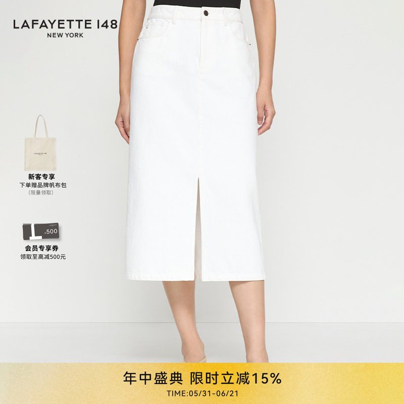LAFAYETTE148/拉飞逸中长款前开叉白色牛仔半裙高腰通勤风中长裙