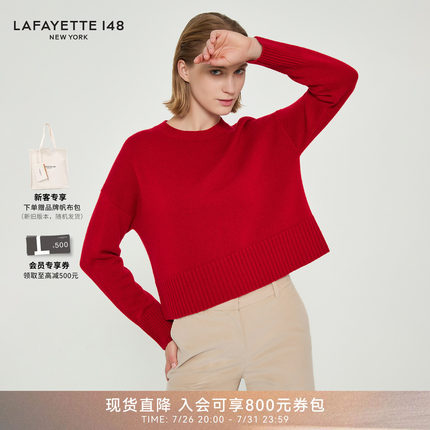 LAFAYETTE148/拉飞逸短款罗纹圆领羊绒针织上衣休闲套头毛针织衫