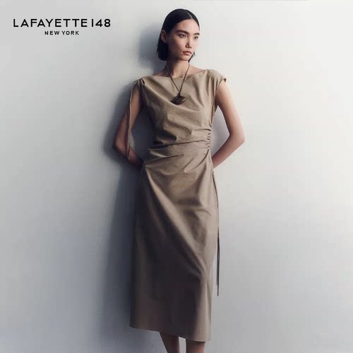 LAFAYETTE148/拉飞逸棉府绸抽带褶饰A字连衣裙