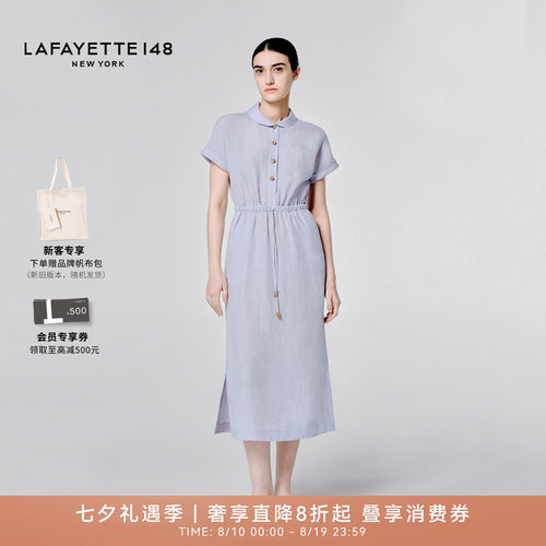 亚麻抽绳收腰连衣裙衬衫连衣裙