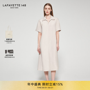 LAFAYETTE148/拉飞逸丝麻POLO领收腰舒适连衣裙日常直筒型中长裙