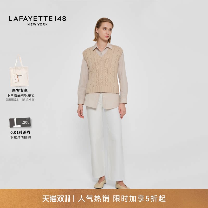 LAFAYETTE148/拉飞逸V领粗棒绞花羊毛羊绒针织背心套头宽松型上衣