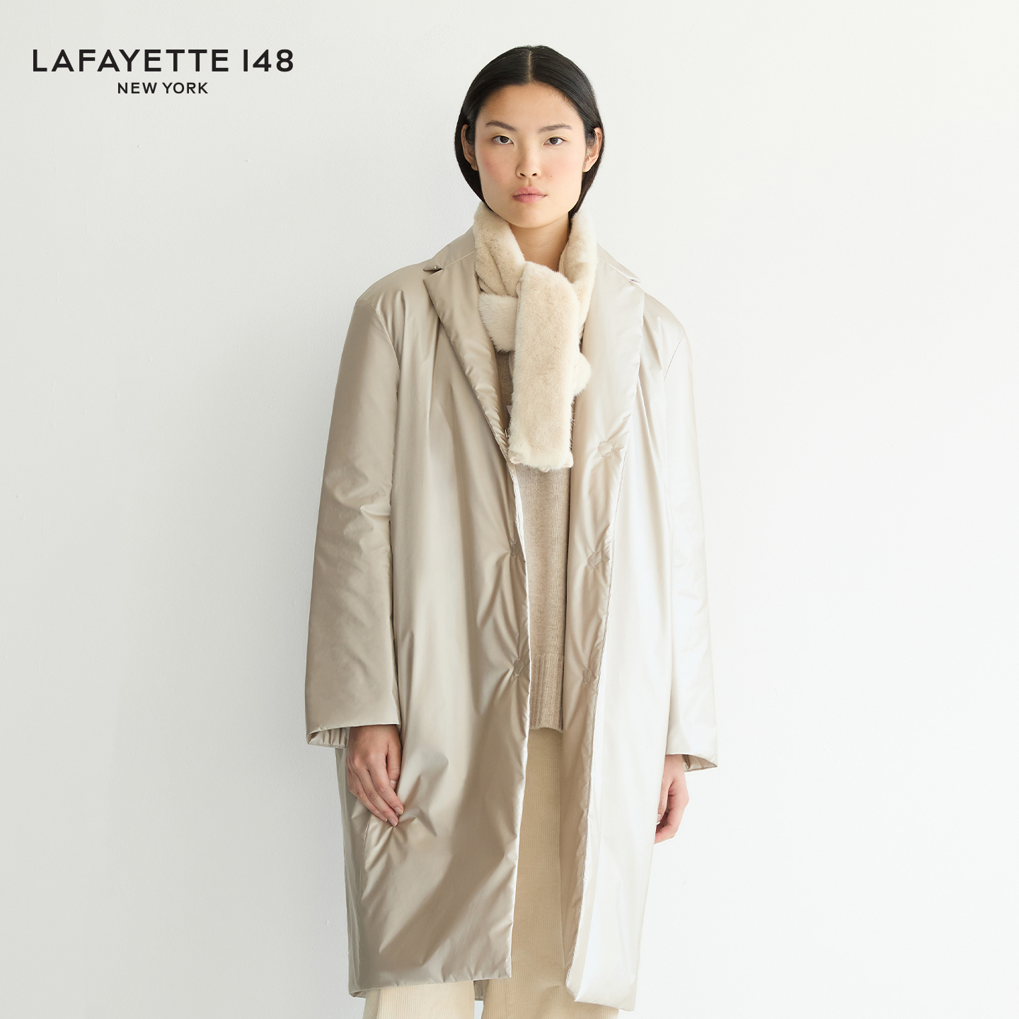 【26早春新款】LAFAYETTE148/拉飞逸中长款落肩袖廓形棉服大衣