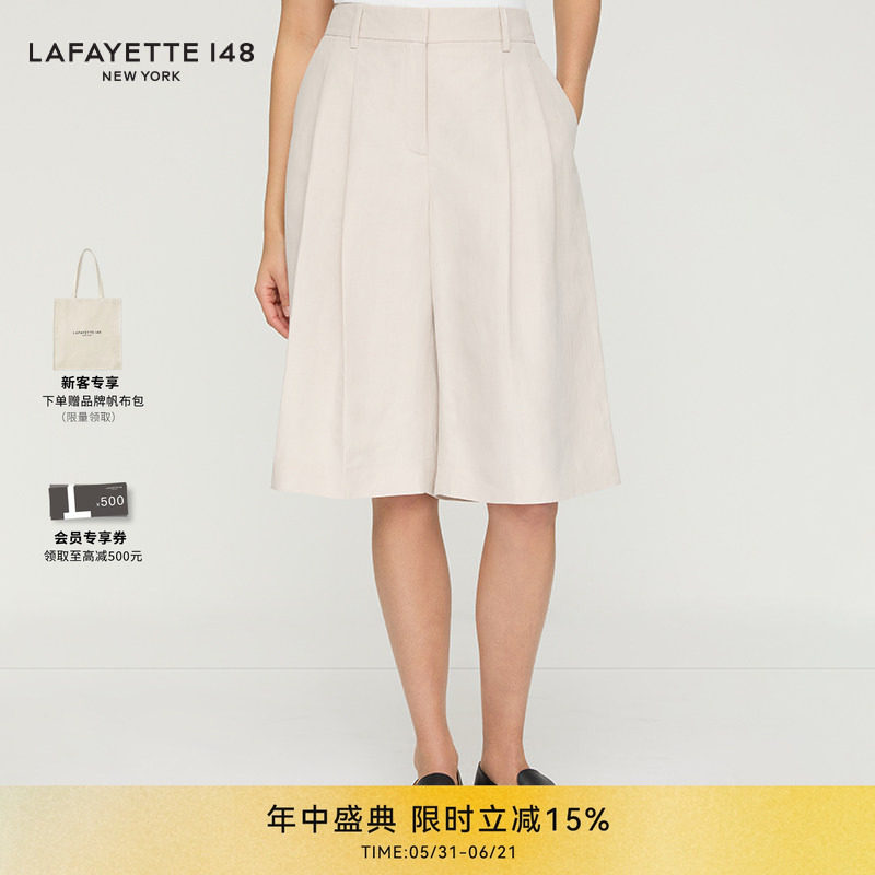 LAFAYETTE148/拉飞逸丝麻SUTTON褶裥阔腿五分西短裤亚麻褶皱女装