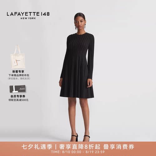 LAFAYETTE148/拉飞逸 外缝拼接圆领长袖连衣裙日常女士修身中长裙