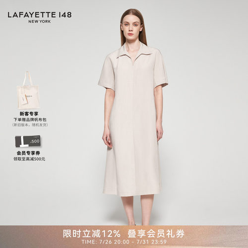 LAFAYETTE148/拉飞逸丝麻POLO领收腰舒适连衣裙日常直筒型中长裙