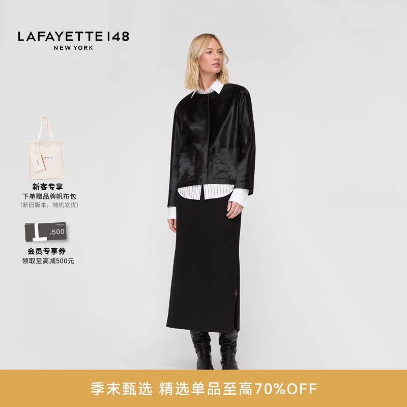 LAFAYETTE148/拉飞逸胎牛皮H型皮毛一体外套无领短款气质显瘦上衣
