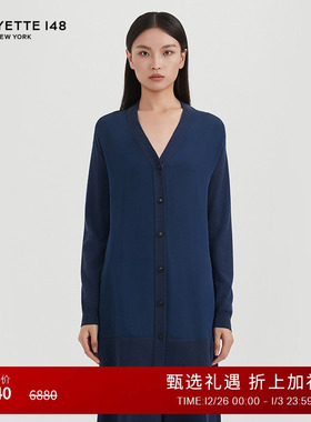 LAFAYETTE148/拉飞逸中长款V领羊毛拼接针织开衫