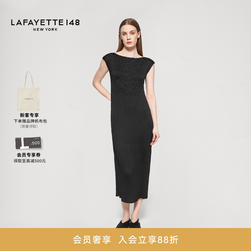 LAFAYETTE148/拉飞逸泡泡绉绣花压褶超弹连衣裙一字领优雅连袖裙