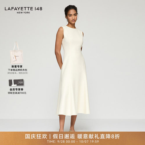 LAFAYETTE148/拉飞逸小香风结圈毛呢收腰A字连衣裙修身型无袖圆领