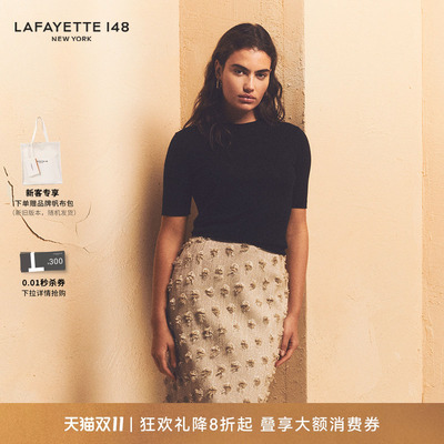 LAFAYETTE148/拉飞逸 圆领短袖黑色羊绒针织衫纯色简约通勤风上衣