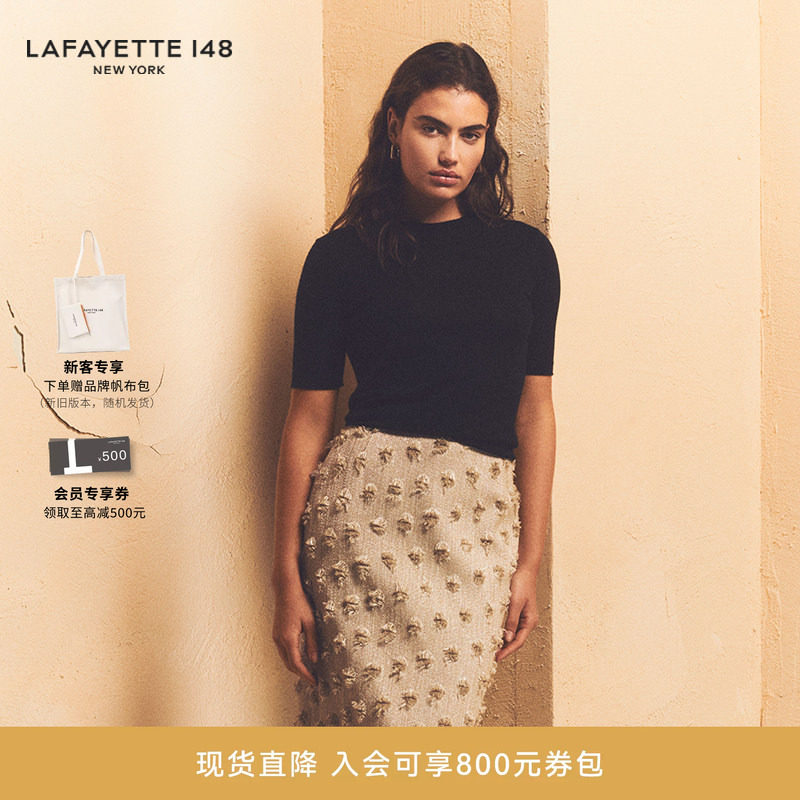 LAFAYETTE148/拉飞逸 圆领短袖黑色羊绒针织衫纯色简约通勤风上衣