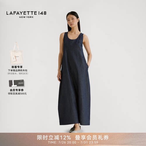 LAFAYETTE148/拉飞逸轻薄高腰微茧型牛仔连衣裙圆领日常无袖