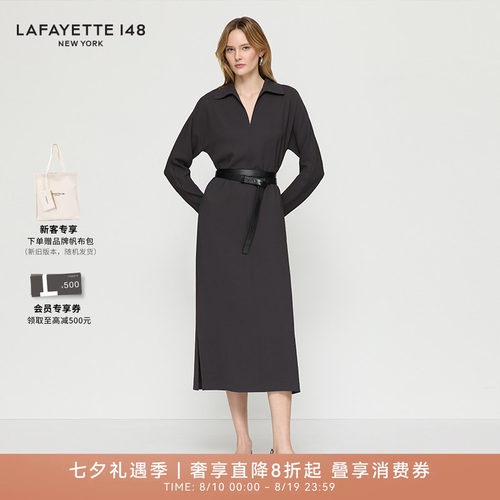 LAFAYETTE148/拉飞逸斜裁V领型翻领系带连衣裙收腰翻领通勤中长裙
