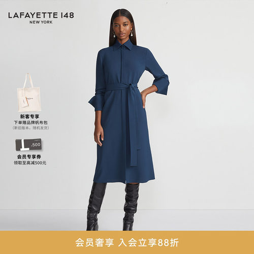 LAFAYETTE148/拉飞逸通勤高质感长袖衬衫POLO领修身型简约连衣裙