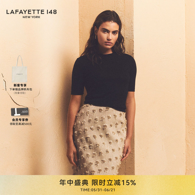 LAFAYETTE148/拉飞逸 圆领短袖黑色羊绒针织衫纯色简约通勤风上衣