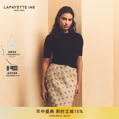 LAFAYETTE148/拉飞逸 圆领短袖黑色羊绒针织衫纯色简约通勤风上衣