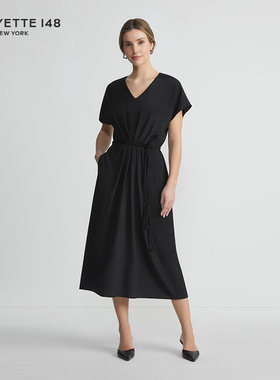 LAFAYETTE148/拉飞逸收腰V领落肩袖桑蚕丝连衣裙