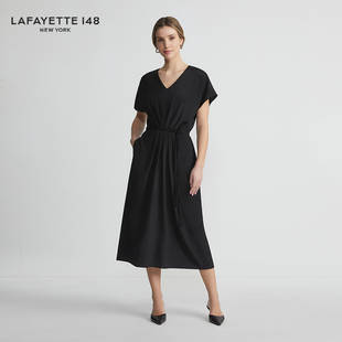 LAFAYETTE148 桑蚕丝连衣裙 拉飞逸收腰V领落肩袖