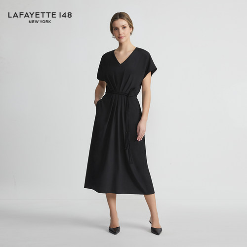 LAFAYETTE148/拉飞逸收腰V领落肩袖桑蚕丝连衣裙