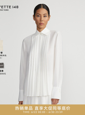 LAFAYETTE148/拉飞逸尖领手工百褶钉珠衬衫优雅翻领刺绣白色长袖