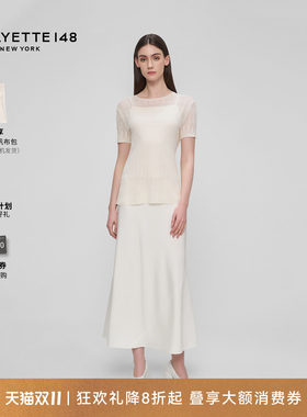 LAFAYETTE148/拉飞逸 蕾丝绞花圆领针织衫简约风女装短袖套头衫