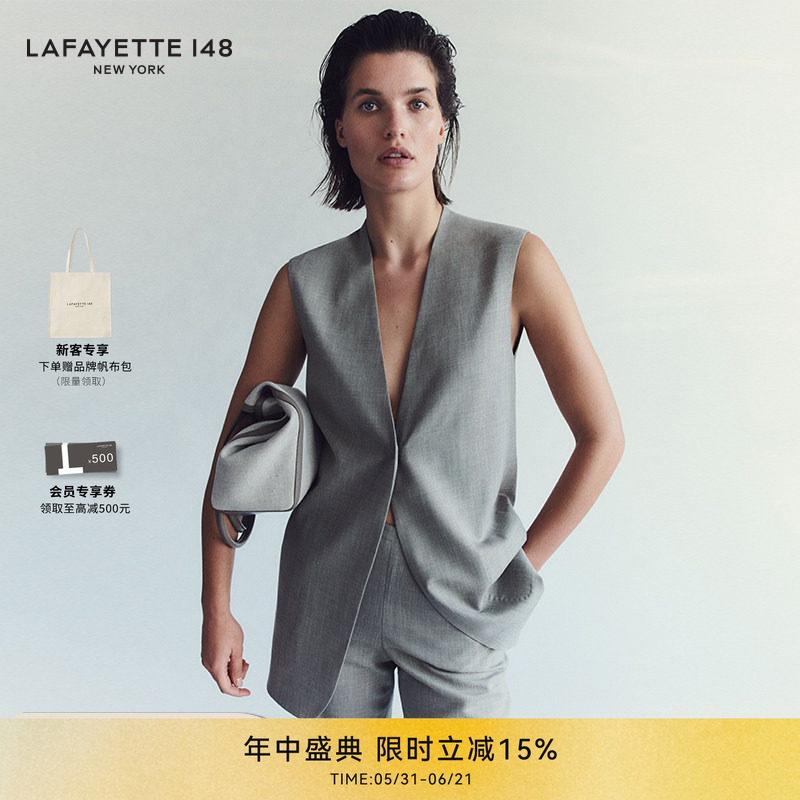 LAFAYETTE148/拉飞逸轻薄毛呢V领开襟无袖衬衫外套透气设计感夹克