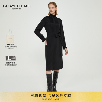 【26早春新款】LAFAYETTE148/拉飞逸弹力真丝双绉细褶系带连衣裙