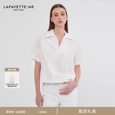LAFAYETTE148/拉飞逸POLO领V领提花短款衬衫上衣