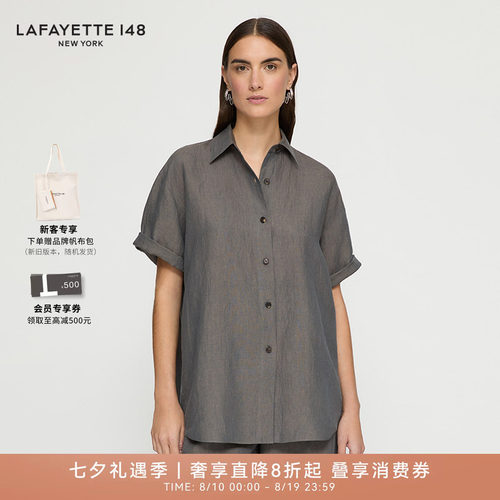 LAFAYETTE148/拉飞逸有机亚麻落肩袖宽松型衬衫简约翻领通勤上衣