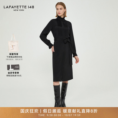 LAFAYETTE148/拉飞逸弹力真丝双绉细褶系带连衣裙修身优雅型上衣
