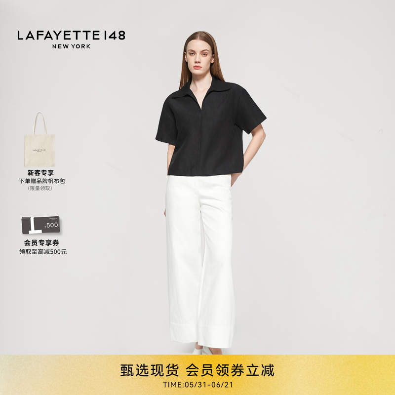LAFAYETTE148/拉飞逸丝麻礼服POLO领直身短袖衬衫通勤风直身上衣