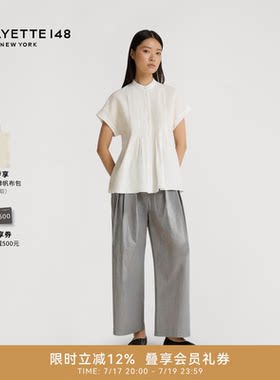 LAFAYETTE148/拉飞逸蓬感亚麻褶饰短袖衬衫简约立领宽松休闲上衣