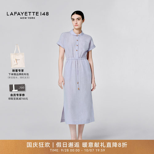 亚麻抽绳收腰连衣裙衬衫连衣裙