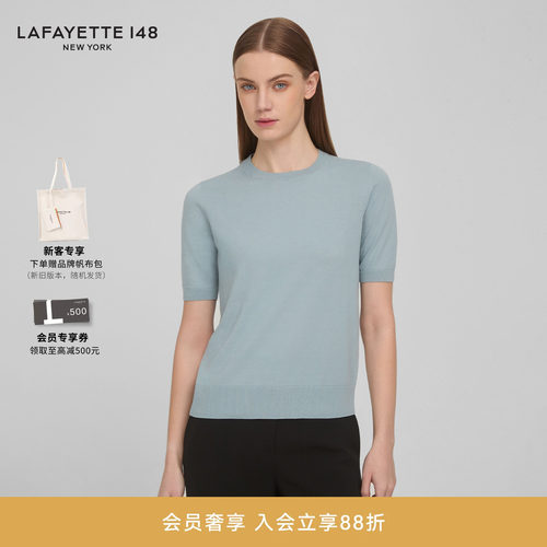 LAFAYETTE148/拉飞逸 罗纹圆领短袖棉质针织衫上衣简约风套头上衣