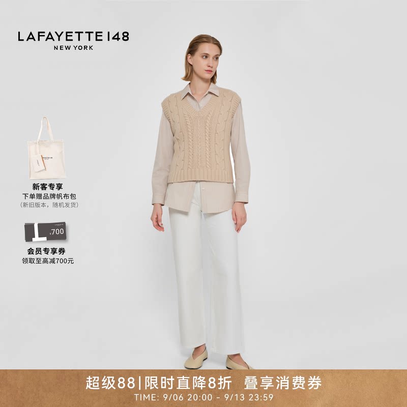 LAFAYETTE148/拉飞逸V领粗棒绞花羊毛羊绒针织背心套头宽松型上衣