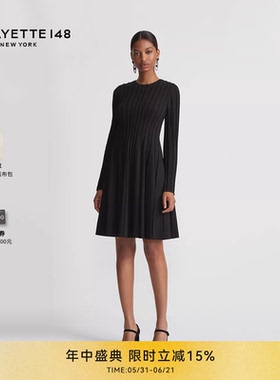 LAFAYETTE148/拉飞逸 外缝拼接圆领长袖连衣裙日常女士修身中长裙